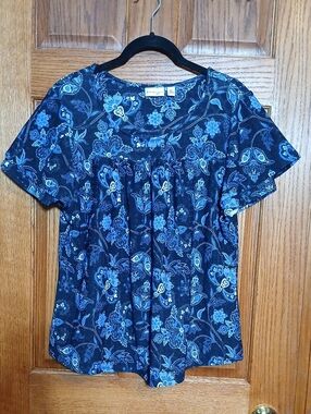 Kim Rogers Navy Blue Floral Short-Sleeve Petite Peasant Blouse